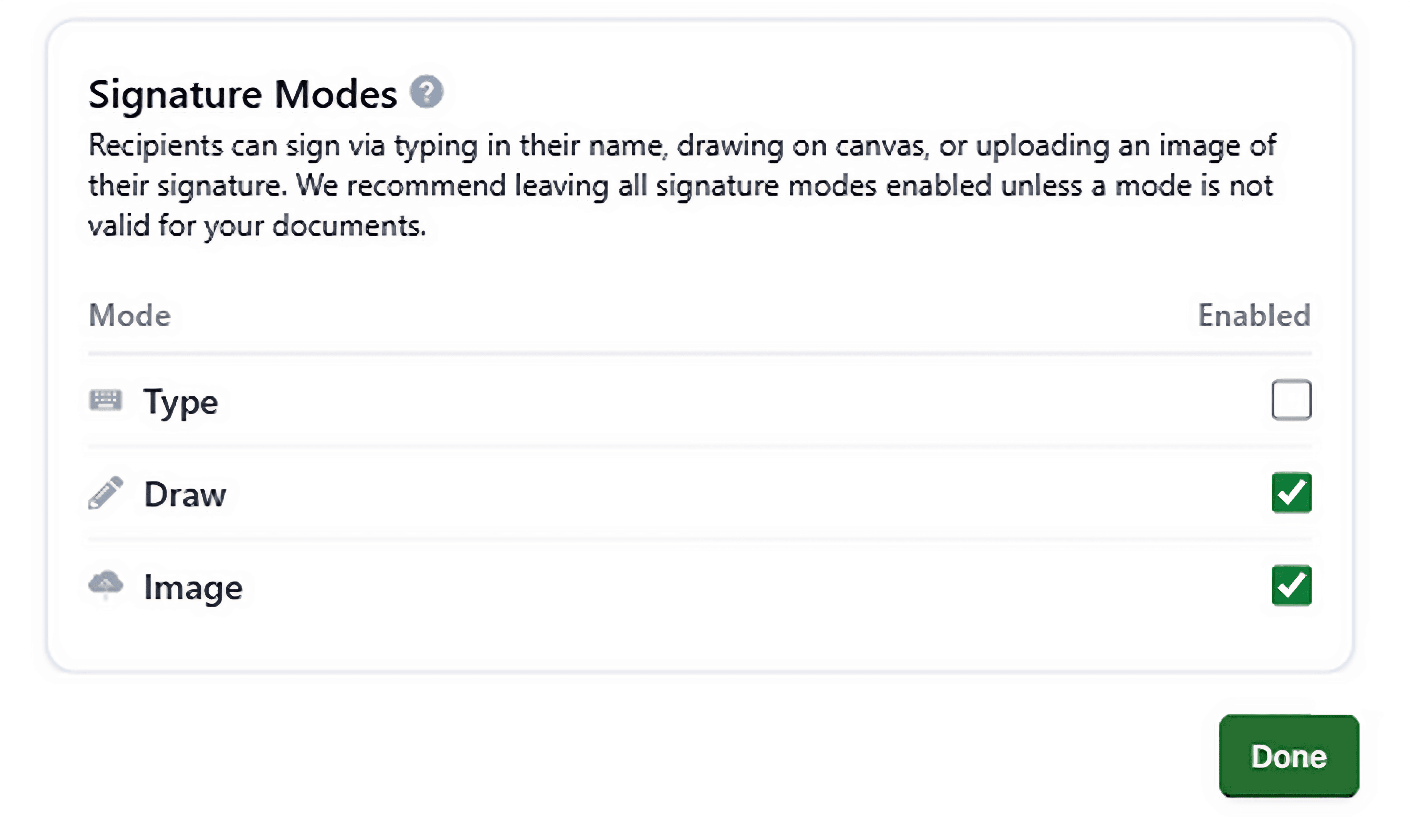 Restricted Signature Modes settings